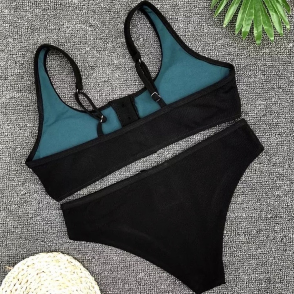 SOLD OUT CLEARANCE Black Ribbed Button Up Bikini Swimsuit - Picture 3 of 3